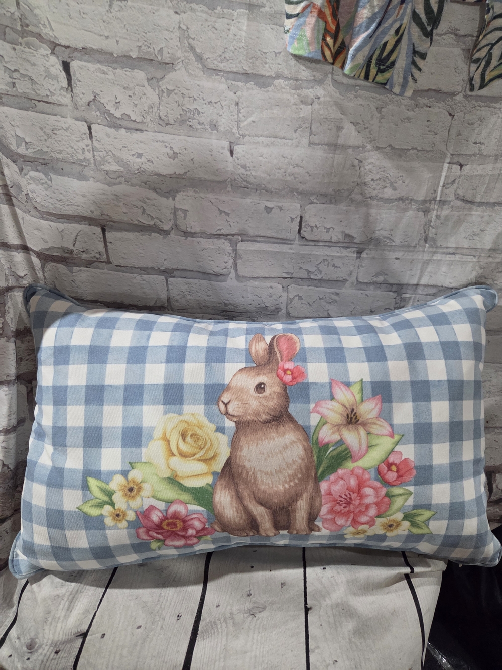 The Prairie By Rachel Ashwell Blue Gingham Bunny Floral Decorative Pillow